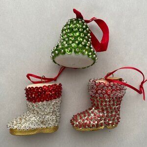 Lot of 3 Vintage Push Pin Handmade Christmas Ornament Santa Boots and Bell